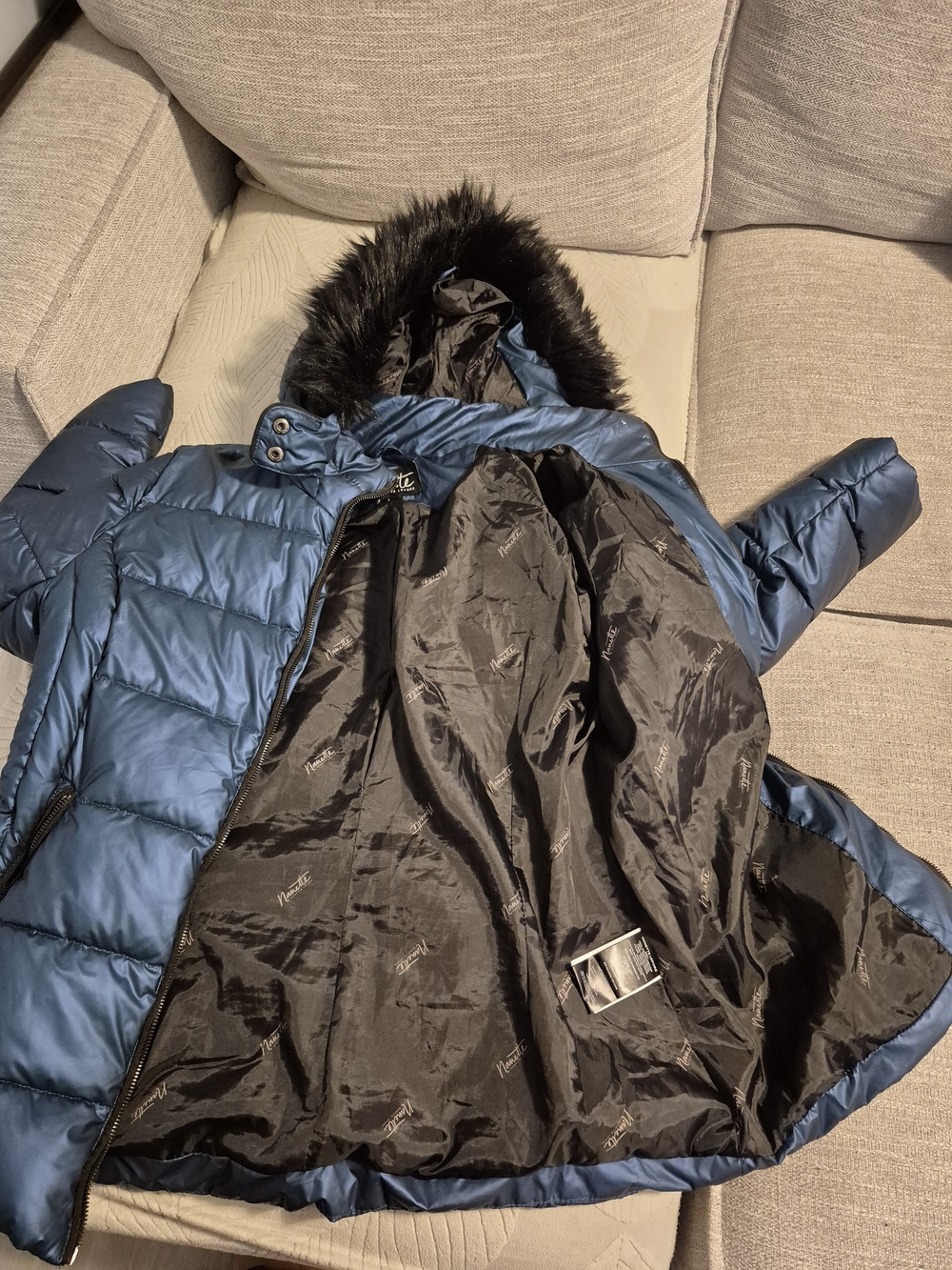 Nanette Lepore Shiny Blue Girls Puffer Coat with Black Faux Fur Hood